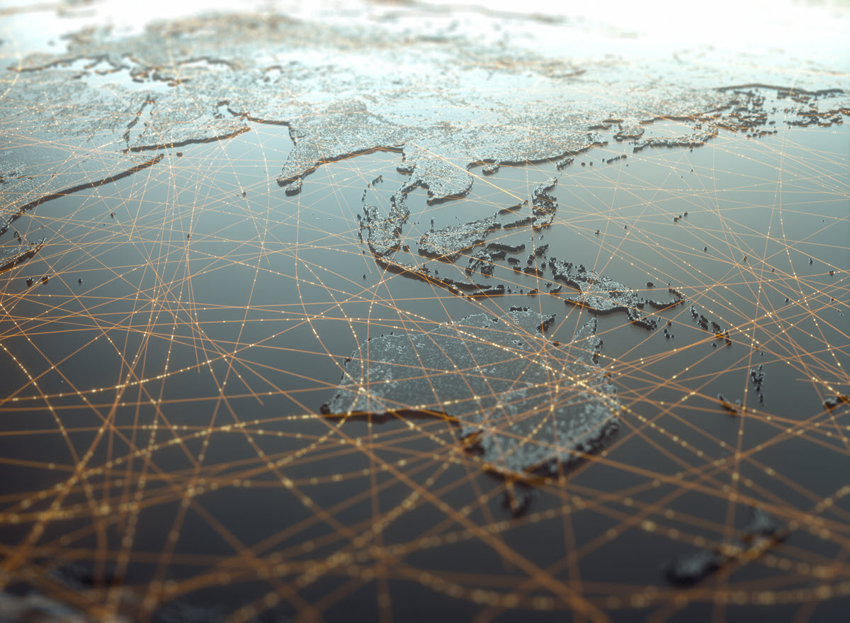 A 3D rendered map of Asia and Australia, overlaid with a complex network of glowing lines and nodes representing global connections.