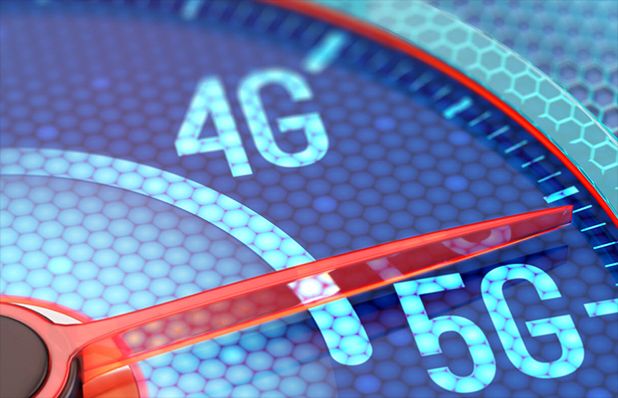 An image depicting a dial transitioning from 4G to 5G. The dial represents the progress or advancement in mobile network technology, symbolizing the shift from fourth-generation (4G) networks to fifth-generation (5G) networks.