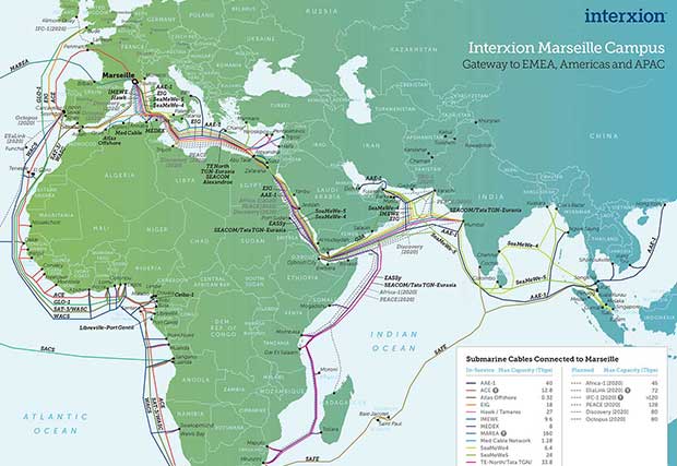 An image displaying a map of undersea cables connecting various locations, with a focus on the Marseille region. The map highlights the intricate network of submarine cables that enable global communication and data transmission across continents