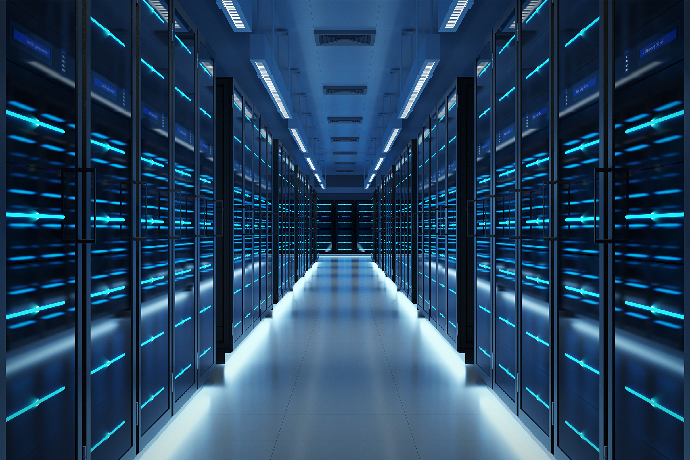 Modern data center corridor with rows of illuminated server racks and blue lighting, featuring a Ciena logo at the far end.