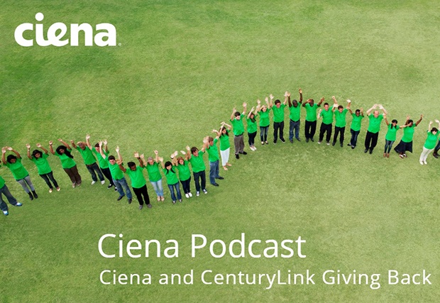 An image of a group of people lined up on a green lawn, representing the Ciena Cares podcast in collaboration with CenturyLink. The image signifies a community-driven initiative focused on giving back and making a positive impact through volunteerism and philanthropy.