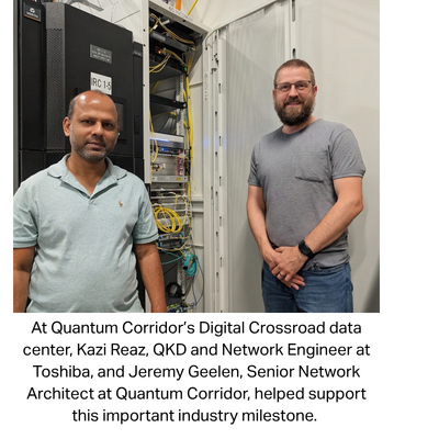 At Quantum Corridor&rsquo;s Digital Crossroad data center, Kazi Reaz, QKD and Network Engineer at Toshiba, and Jeremy Geelen, Senior Network Architect at Quantum Corridor, helped support this important industry milestone