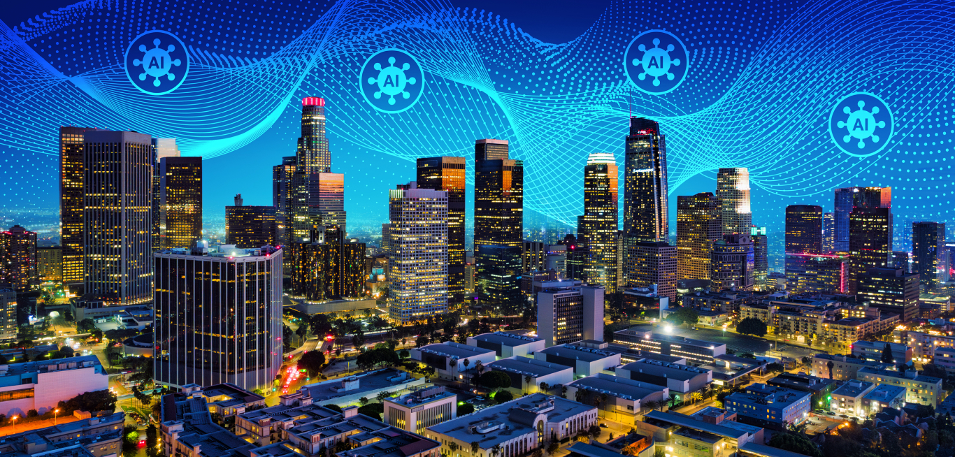 City skyline with digital network waves and AI icons illustrating AI-ready IP networking, smart city connectivity, and artificial intelligence powering next-generation urban networks.