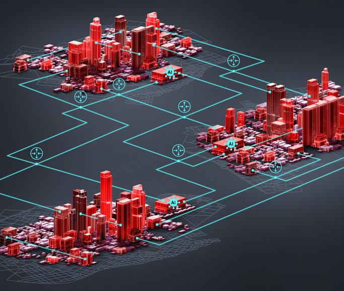 Illustration of AI-ready IP networking connecting multiple smart cities with digital network pathways, AI nodes, and intelligent infrastructure enabling scalable urban connectivity and automation.