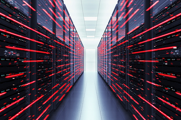 Symmetrical view down a data center aisle lined with server racks on both sides, illuminated by red glowing data streams that suggest high-speed network traffic and processing.