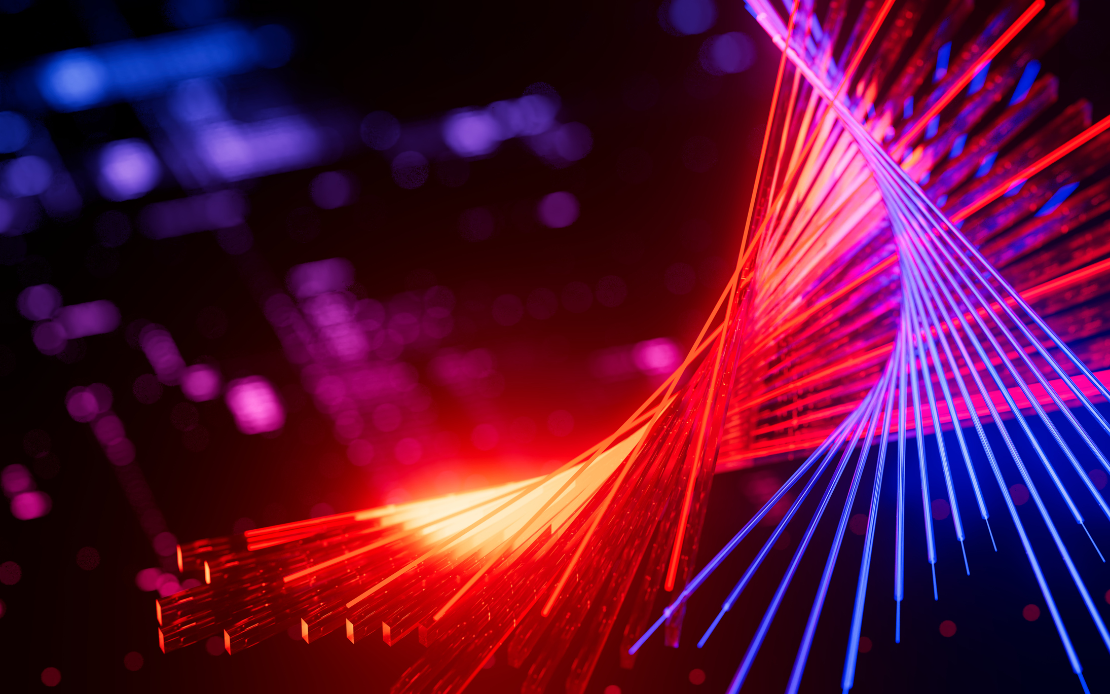 Futuristic visualization of autonomous networking and AI-driven data analytics, featuring flowing digital data streams, performance metrics, charts, and percentage indicators on a dark technology dashboard background.