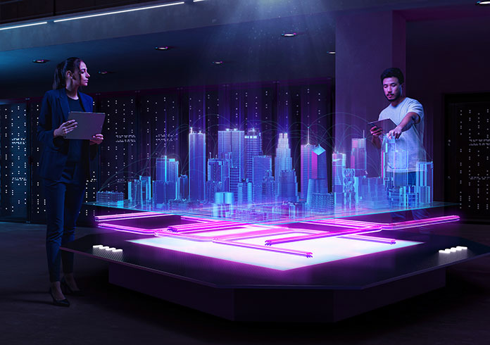 A man and a woman visualizing a network infrastructure